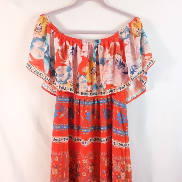 Jealous Tomato Maxi Dress L Red Floral On/Off Shoulder Double Split NWT - Picture 7 of 7